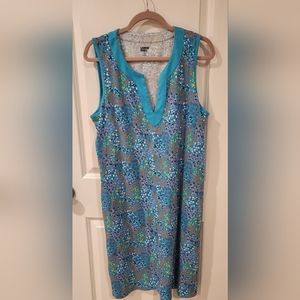 Lands End Women's Floral Blue Cotton Swim Cover-up Dress with pockets XL